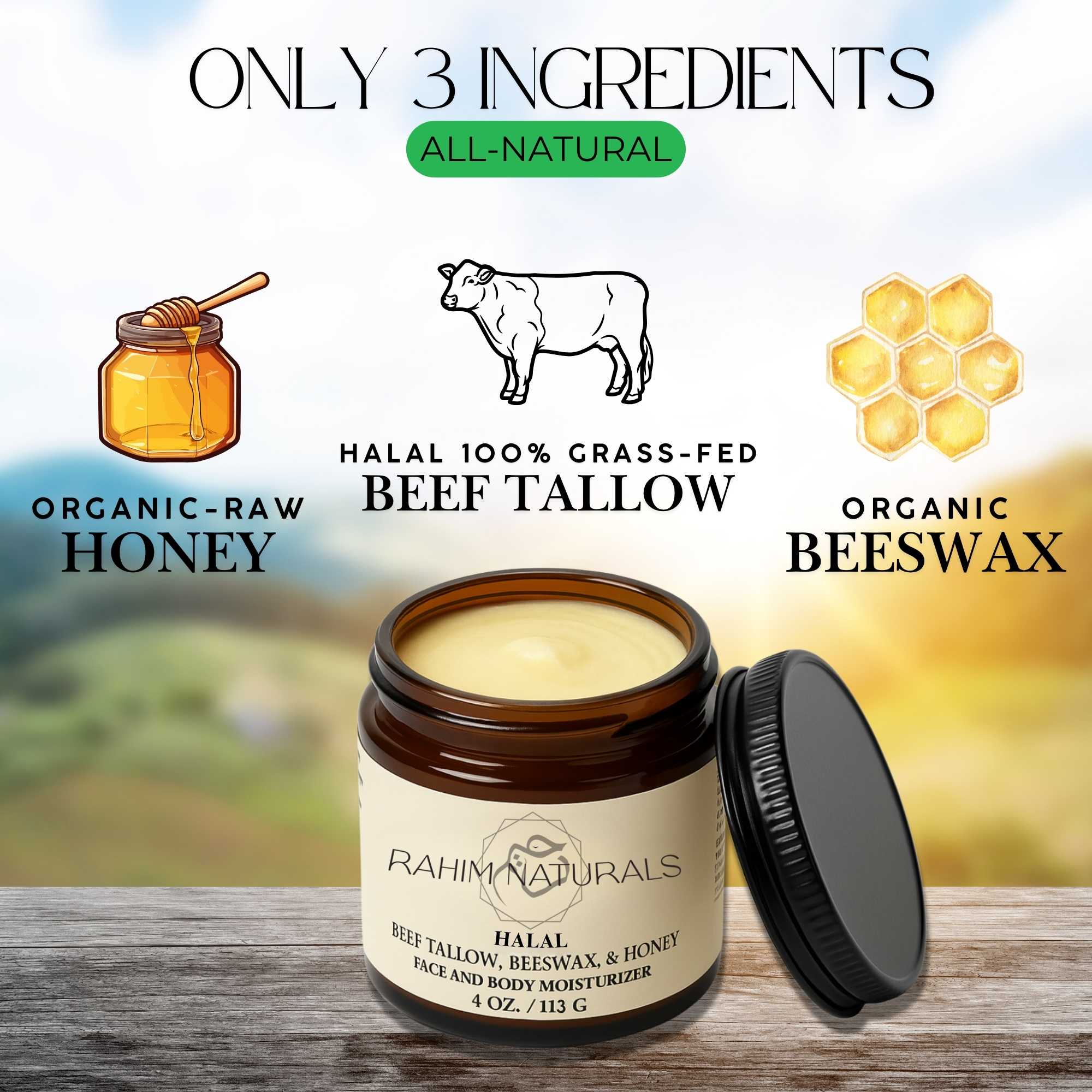 All Natural Ingredients - Halal Beef Tallow, Beeswax, Honey